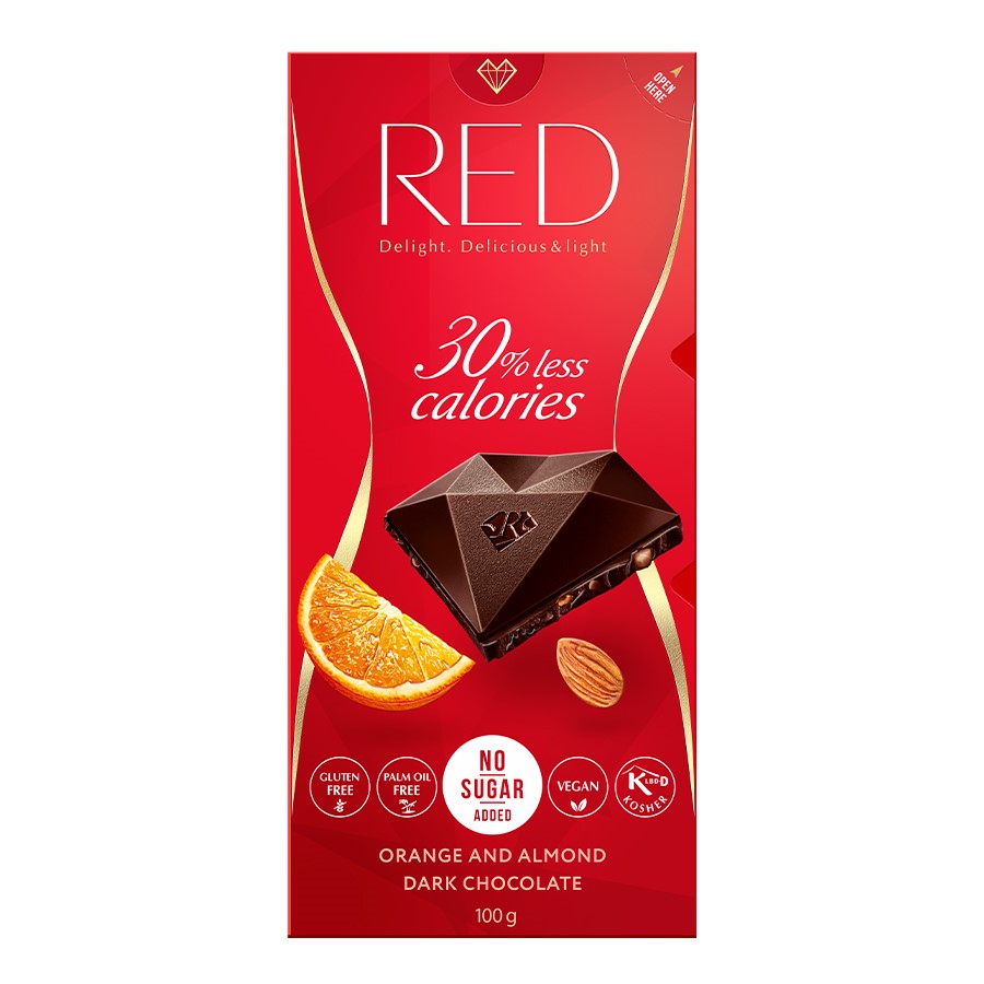 Czekolada ciemna z pomarańczą i migdałami 30% mniej kalorii RED Delight, 100g