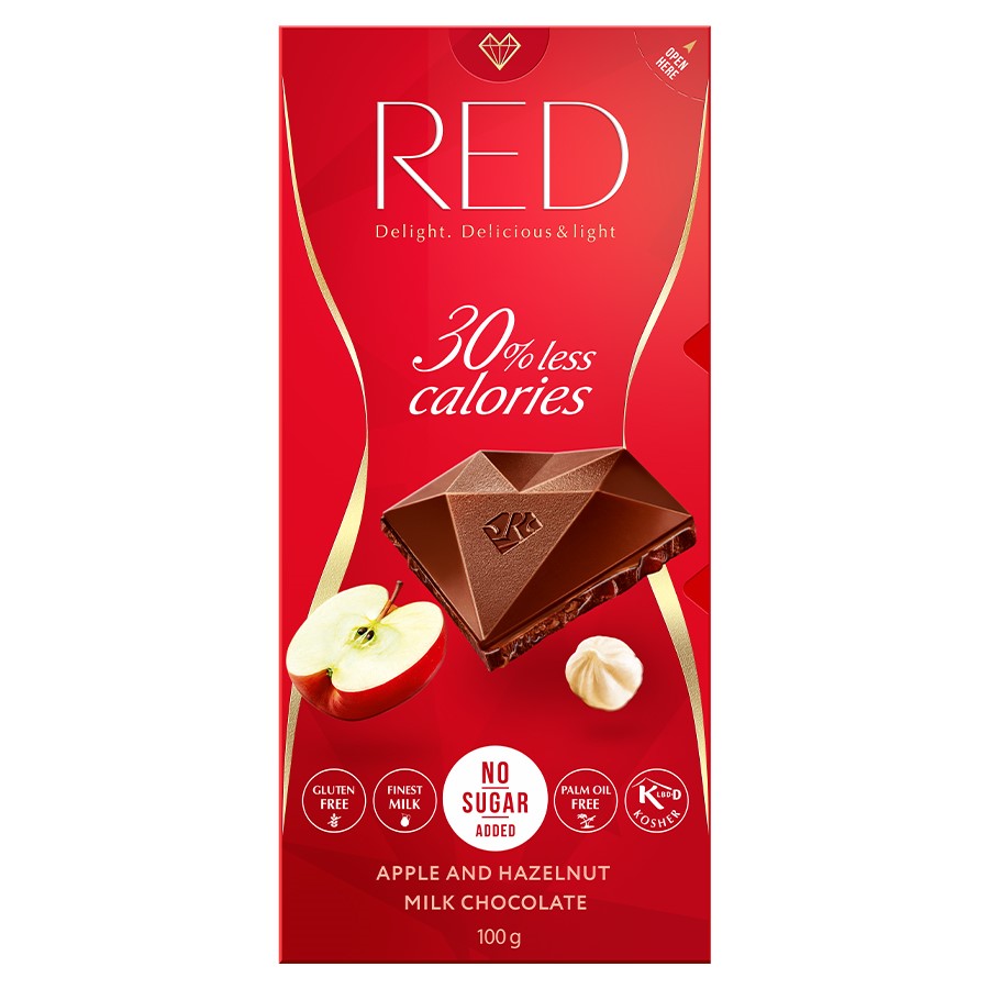 Czekolada mleczna z jabłkiem i orzechami 30% mniej kalorii RED Delight, 100g