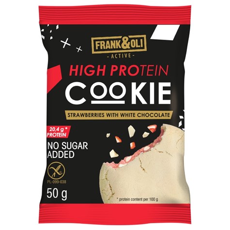 Ciastko proteinowe o smaku truskawek z białą czekoladą Frank&Oli, 50g