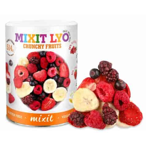 Liofilizowane  Chrupiące owoce - malina, truskawka, jeżyna, czarna porzeczka, banan  Mixit, 70g